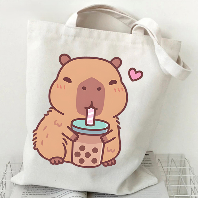 Shopper Tote Canvas - Bobo Tea Capybara Graphics Women Handbags