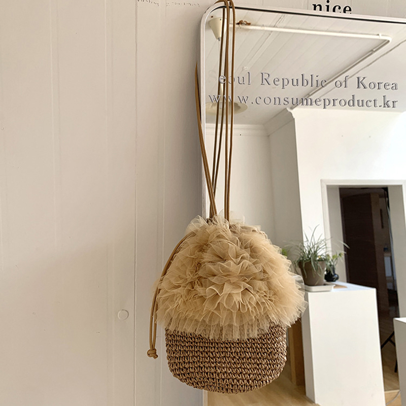 Crochet Market Bag - Women Mesh Lace Trim Straw Woven