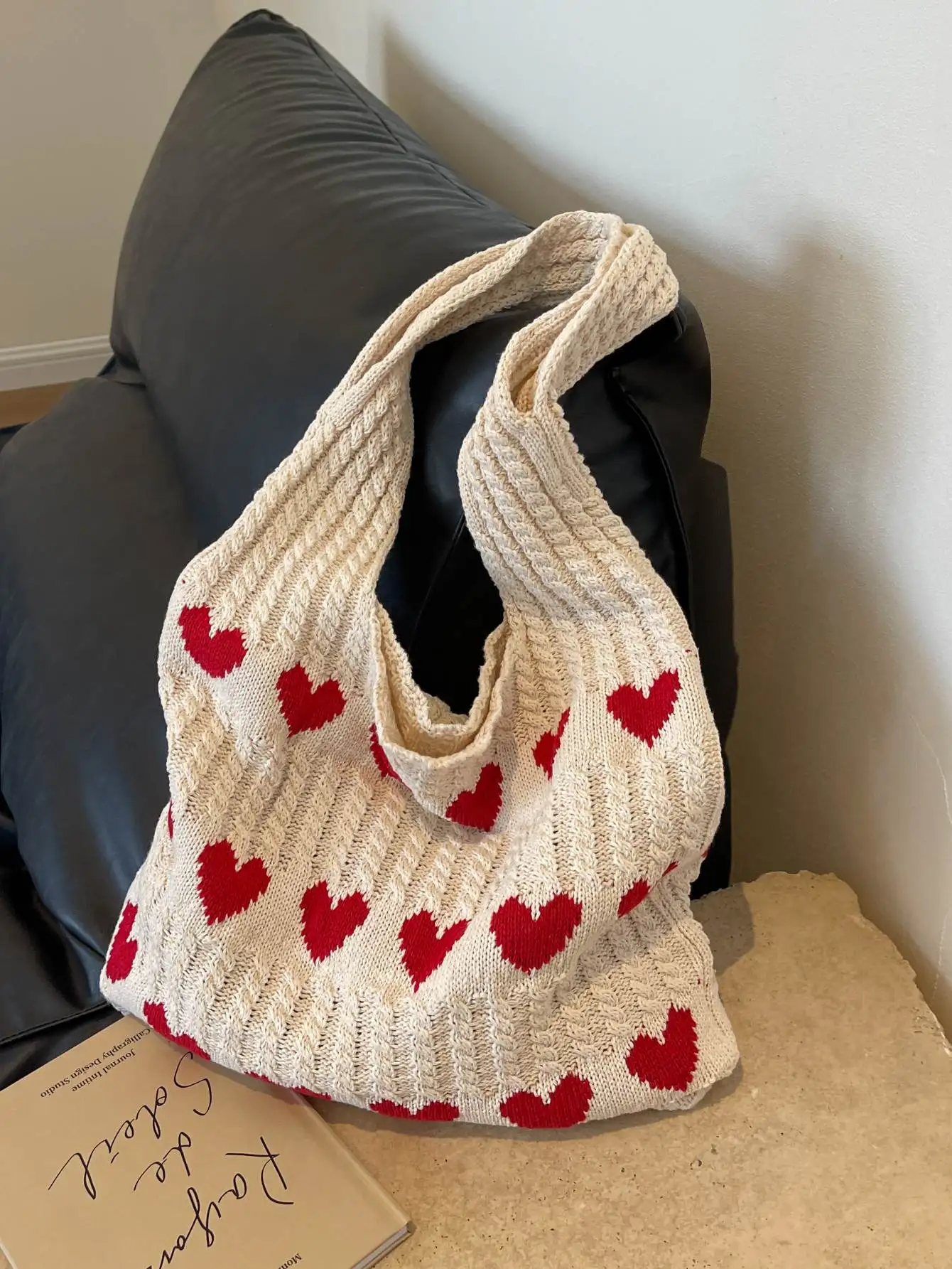 Crochet Market Bag - 1pc Heart Pattern Color Blocking Crochet