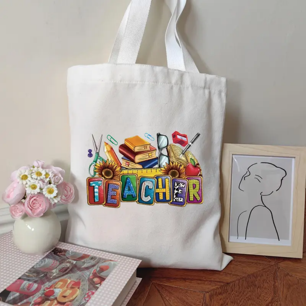 Shopper Tote Canvas - Color Block Teacher Letter With School