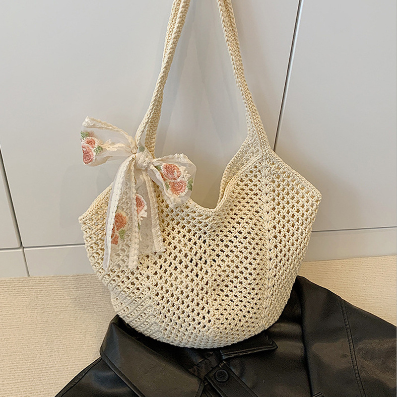 Summer Lace Bow Tote Bags Wome - Crochet Market Bag ulasan dan harga