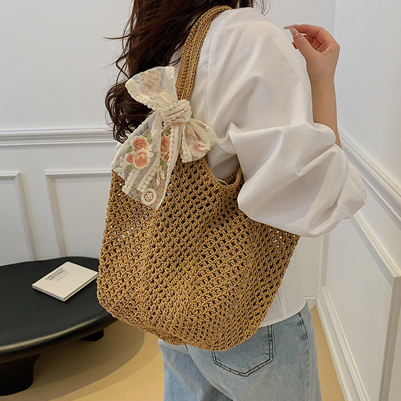 Summer Lace Bow Tote Bags Wome - Crochet Market Bag ulasan dan harga