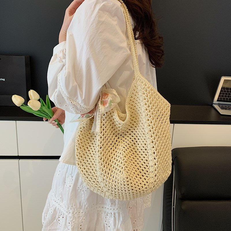 Summer Lace Bow Tote Bags Wome - Crochet Market Bag ulasan dan harga