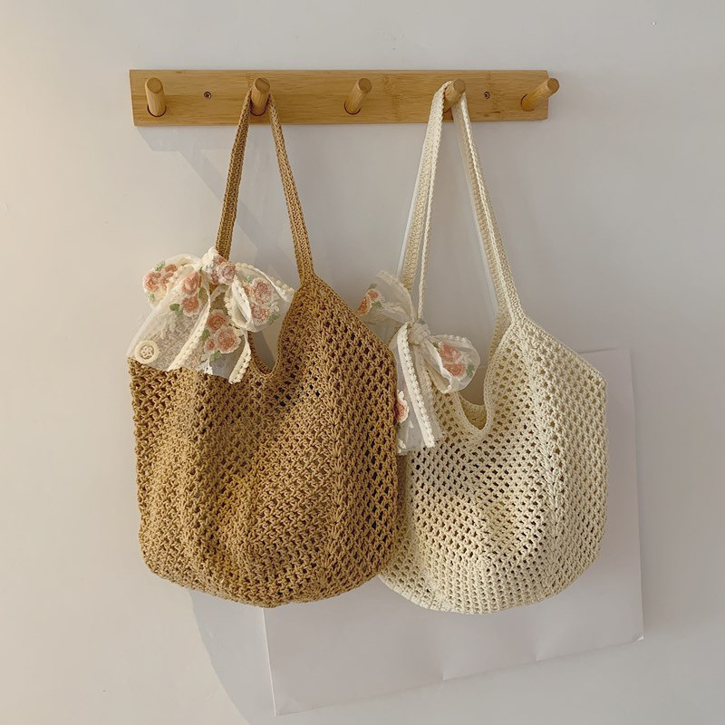 Summer Lace Bow Tote Bags Wome - Crochet Market Bag ulasan dan harga