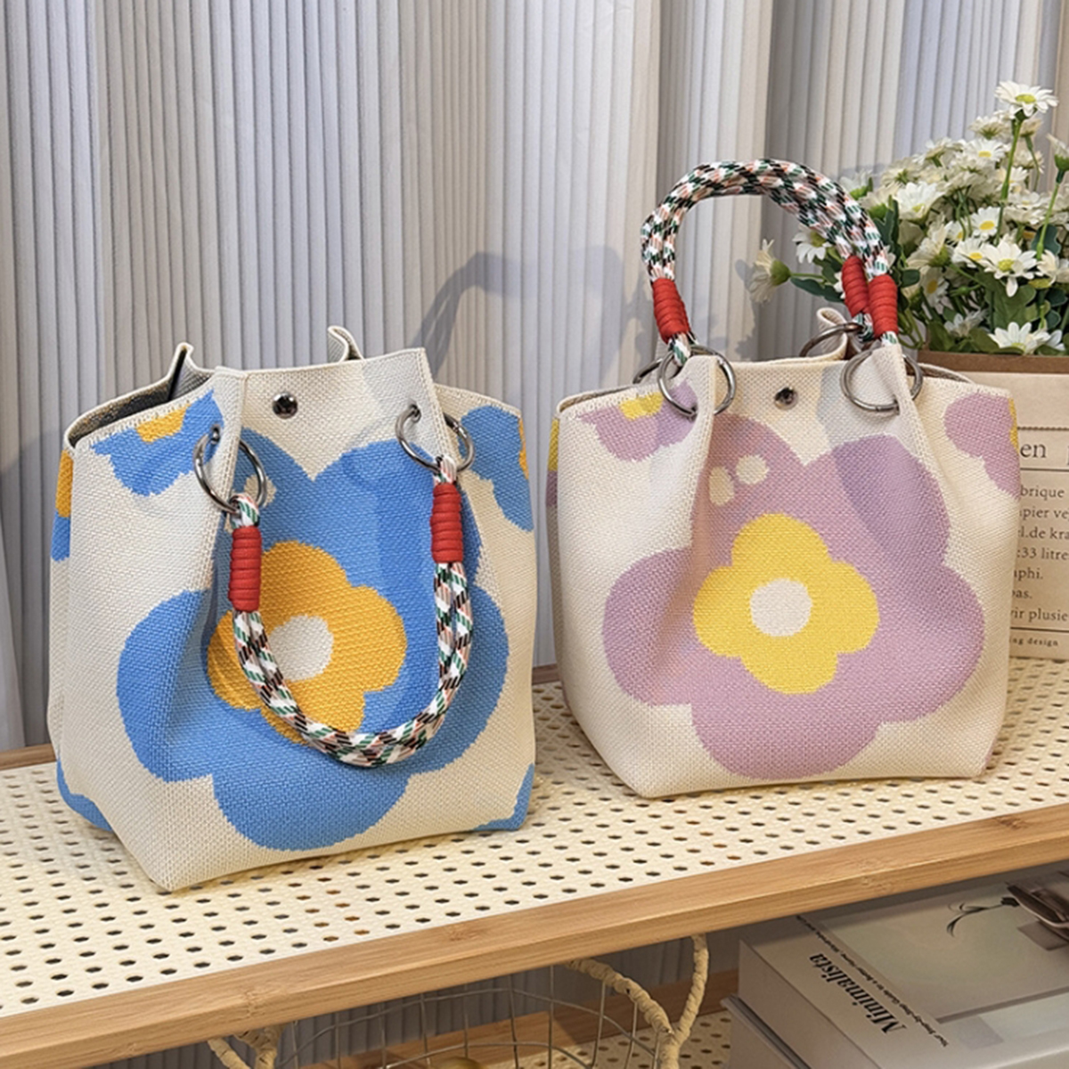This multi-color knitted retro - Crochet Market Bag ulasan dan harga
