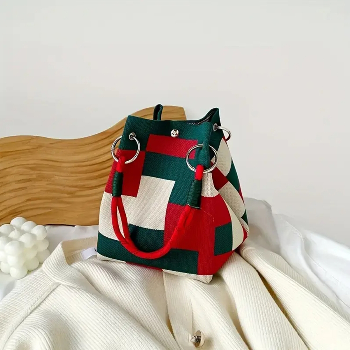 This multi-color knitted retro - Crochet Market Bag ulasan dan harga