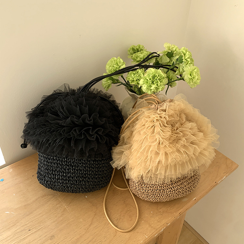Women Mesh Lace Trim Straw Wov - Crochet Market Bag ulasan dan harga