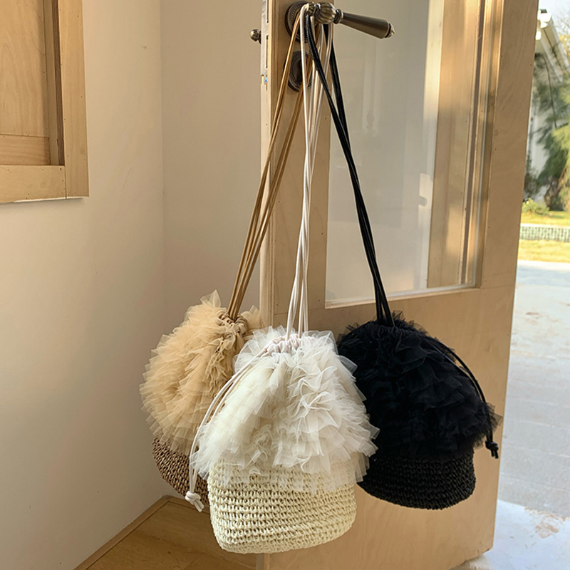 Women Mesh Lace Trim Straw Wov - Crochet Market Bag ulasan dan harga