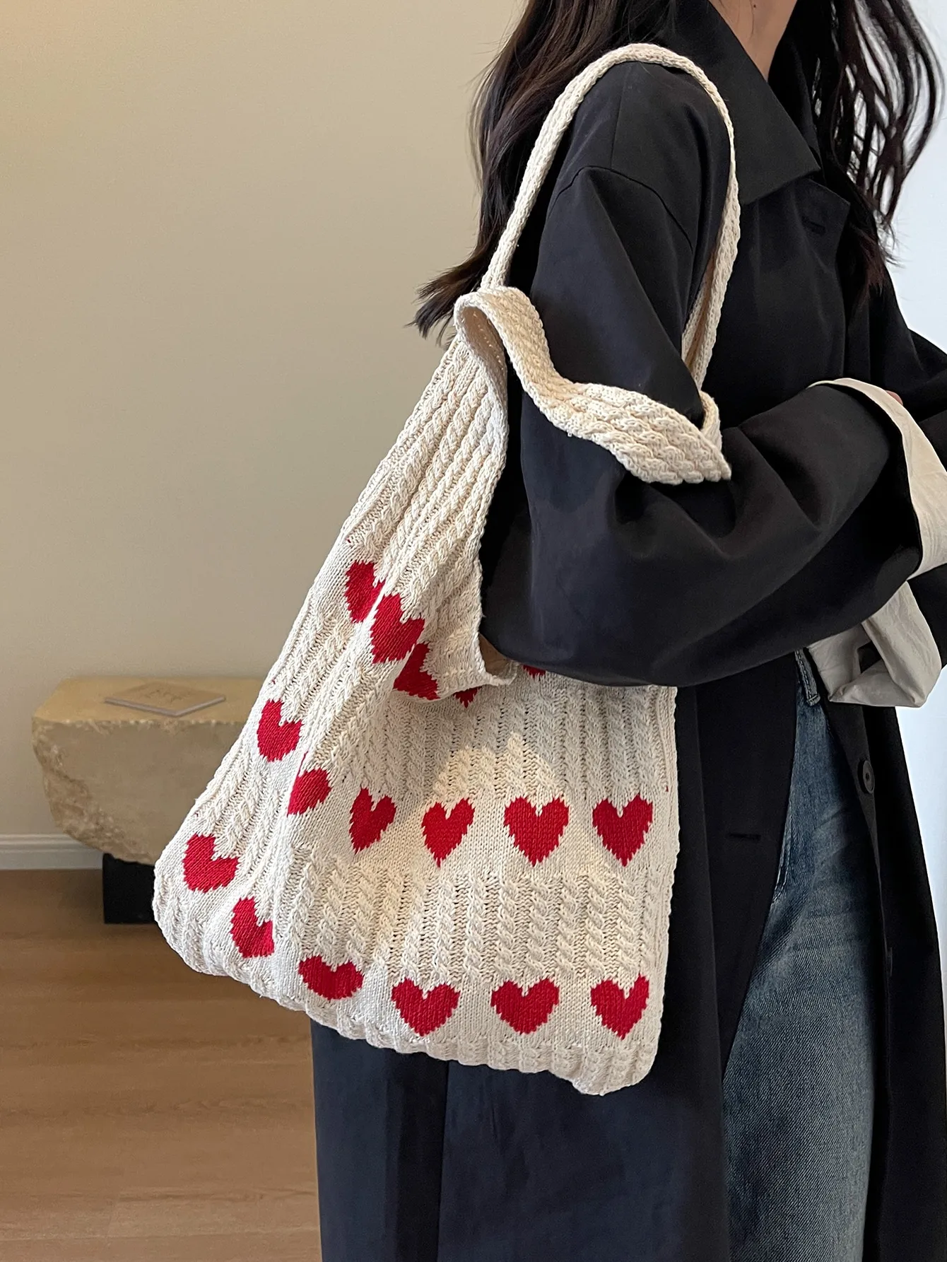 1pc Heart Pattern Color Blocki - Crochet Market Bag ulasan dan harga