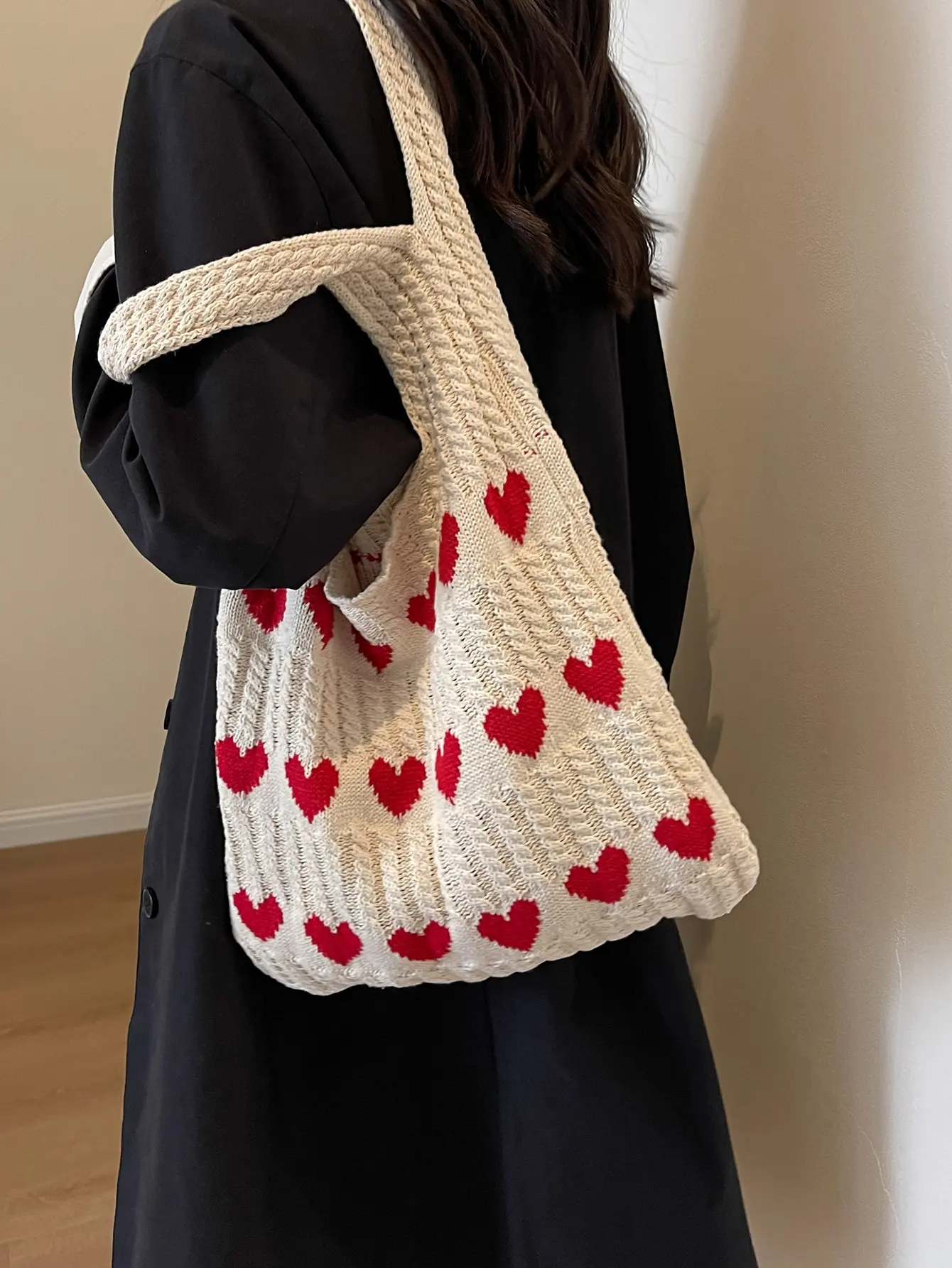 1pc Heart Pattern Color Blocki - Crochet Market Bag ulasan dan harga