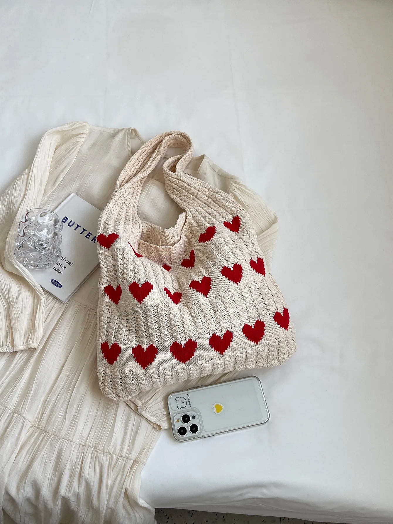 1pc Heart Pattern Color Blocki - Crochet Market Bag ulasan dan harga
