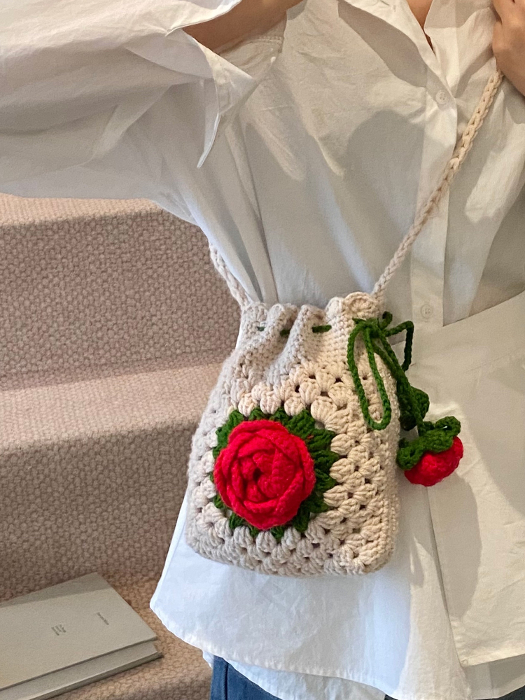 Handcrafted Rose Flower Croche - Crochet Market Bag ulasan dan harga