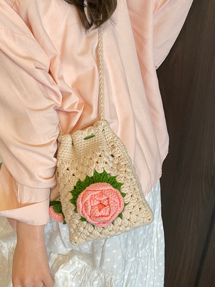 Handcrafted Rose Flower Croche - Crochet Market Bag ulasan dan harga