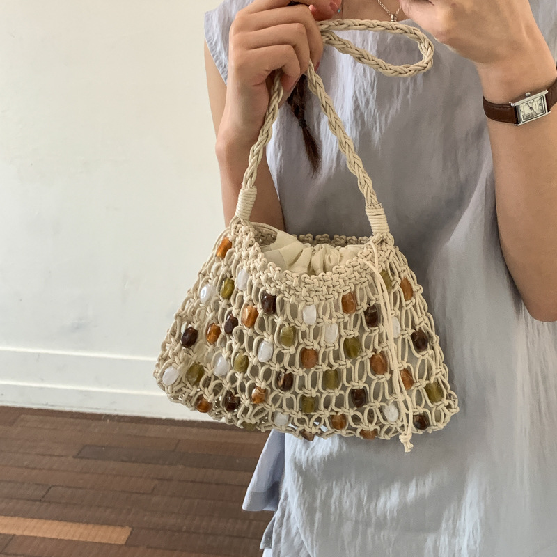 Hollow Beading Women Shoulder  - Crochet Market Bag ulasan dan harga