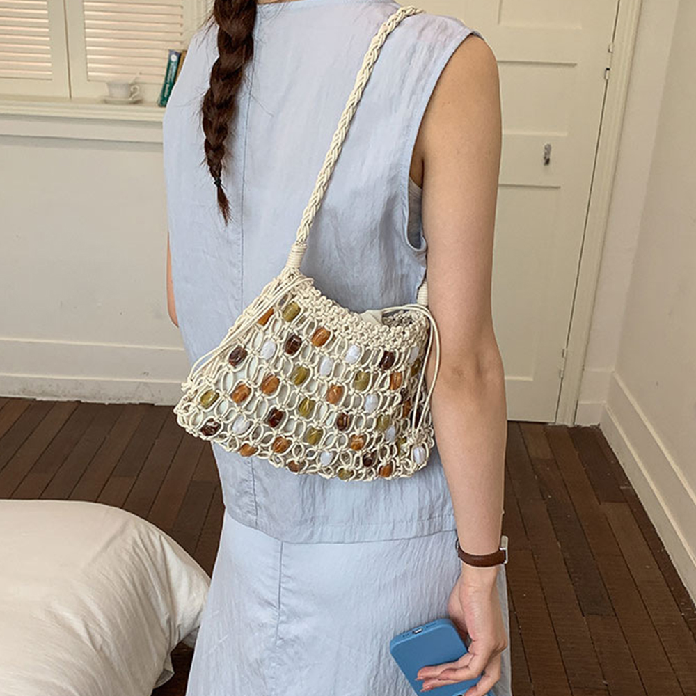 Hollow Beading Women Shoulder  - Crochet Market Bag ulasan dan harga