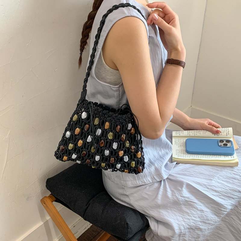 Hollow Beading Women Shoulder  - Crochet Market Bag ulasan dan harga